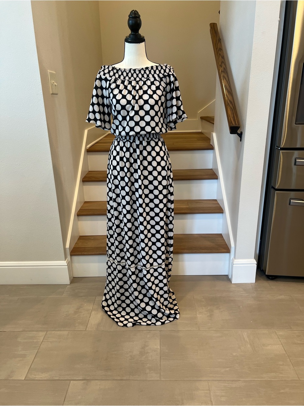 Think! Black and White Polka Dot Off-Shoulder Maxi Dress